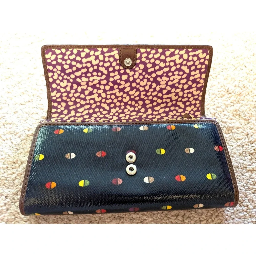 Fossil Key-Per Navy Blue Polka Dot Coated Canvas Clutch Wallet